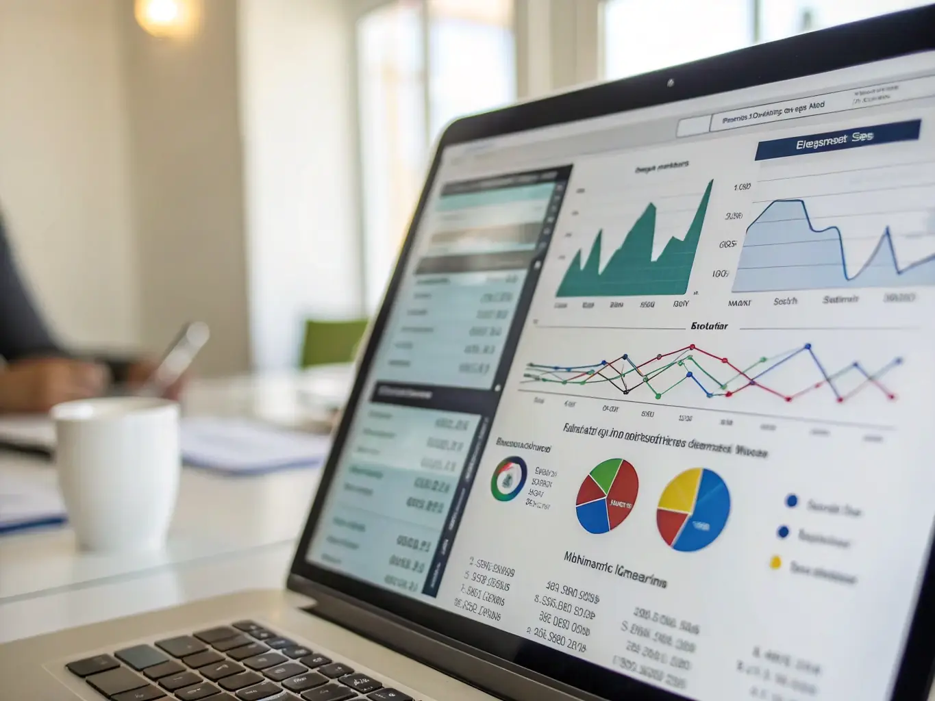 A screenshot of an analytics dashboard displaying financial metrics, charts, and data visualizations, showcasing MachBanc's analytics & insights service.